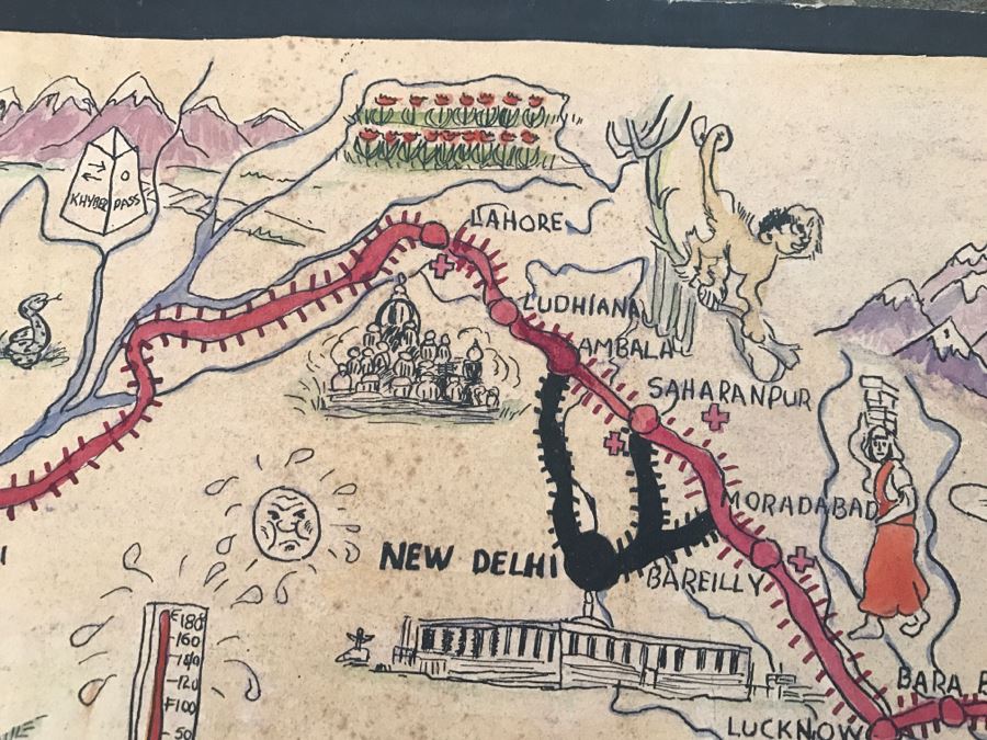 JUST ADDED - Appears To Be A Hand Drawn Map Titled 'G. I. Vagabond Journey Across India' - See Details For More Info - 18.5' X 9.5' [Photo 19]