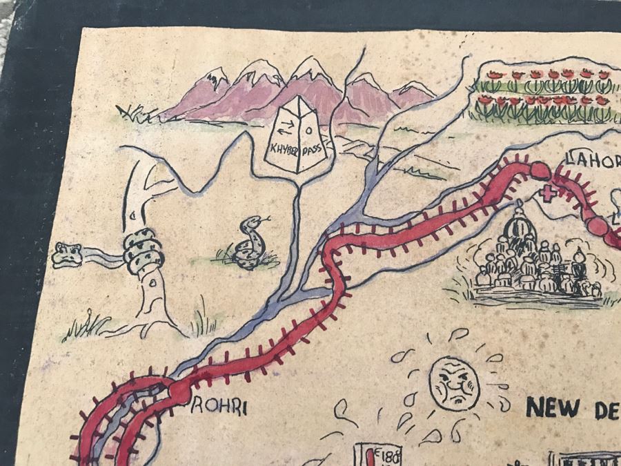 JUST ADDED - Appears To Be A Hand Drawn Map Titled 'G. I. Vagabond Journey Across India' - See Details For More Info - 18.5' X 9.5' [Photo 20]