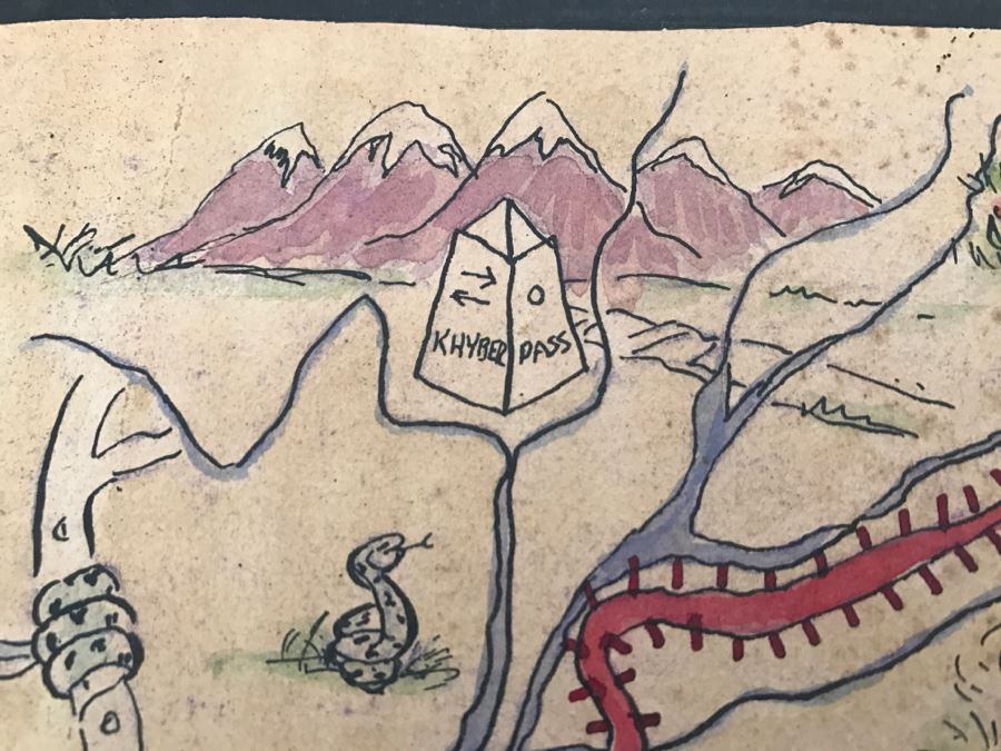 JUST ADDED - Appears To Be A Hand Drawn Map Titled 'G. I. Vagabond Journey Across India' - See Details For More Info - 18.5' X 9.5' [Photo 21]