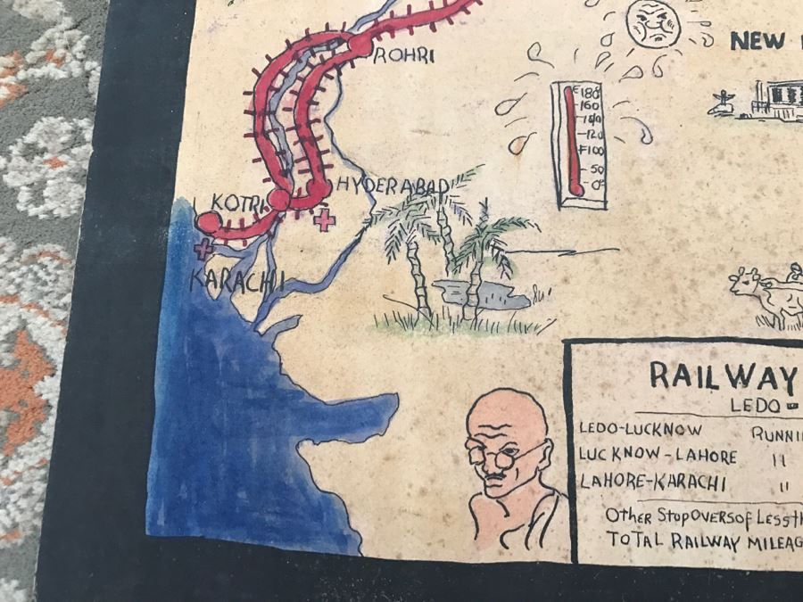 JUST ADDED - Appears To Be A Hand Drawn Map Titled 'G. I. Vagabond Journey Across India' - See Details For More Info - 18.5' X 9.5' [Photo 23]