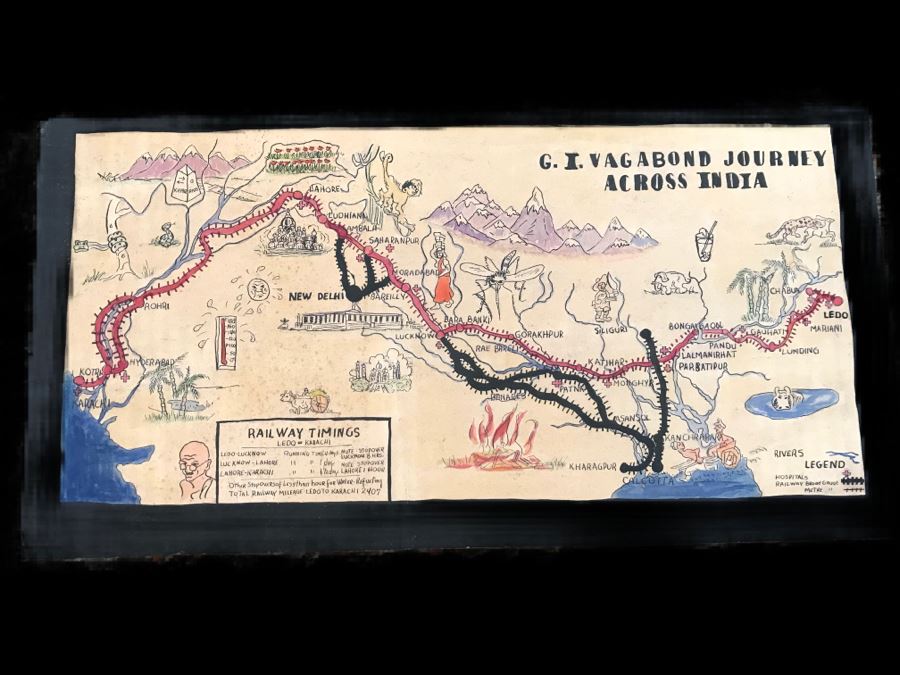 JUST ADDED - Appears To Be A Hand Drawn Map Titled 'G. I. Vagabond Journey Across India' - See Details For More Info - 18.5' X 9.5'