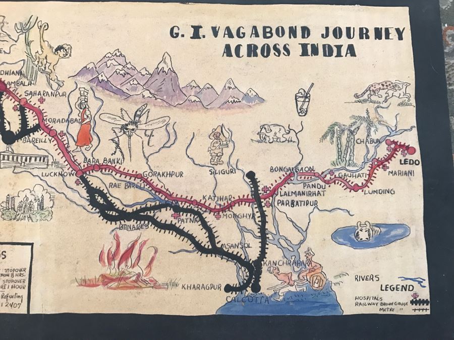JUST ADDED - Appears To Be A Hand Drawn Map Titled 'G. I. Vagabond Journey Across India' - See Details For More Info - 18.5' X 9.5' [Photo 6]