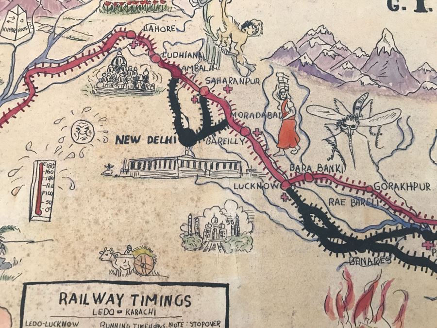 JUST ADDED - Appears To Be A Hand Drawn Map Titled 'G. I. Vagabond Journey Across India' - See Details For More Info - 18.5' X 9.5' [Photo 24]