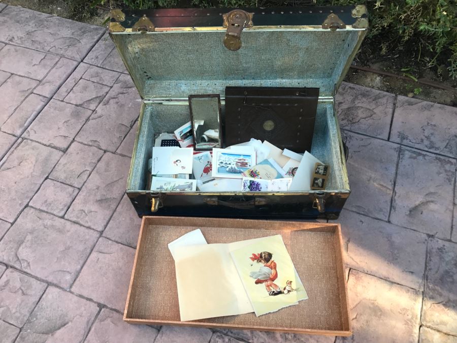 JUST ADDED - Vintage Military Trunk Filled With Various Items Including Personalized Cards From Overseas - See All Photos [Photo 2]
