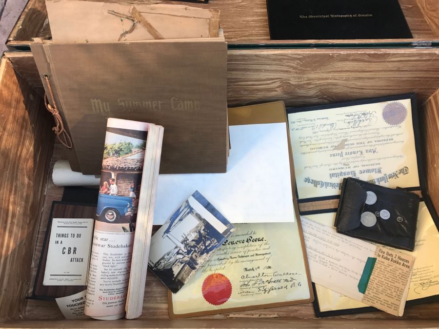 JUST ADDED - Vintage Green Trunk Filled With Various Items Including Log Book Of Every Letter Written By Father To Daughter Serving As Army Nurse In WWII, Coins, Wallet, Diplomas, Vintage 1940s Newsweek And TIME Magazines And More - See All Photos [Photo 10]