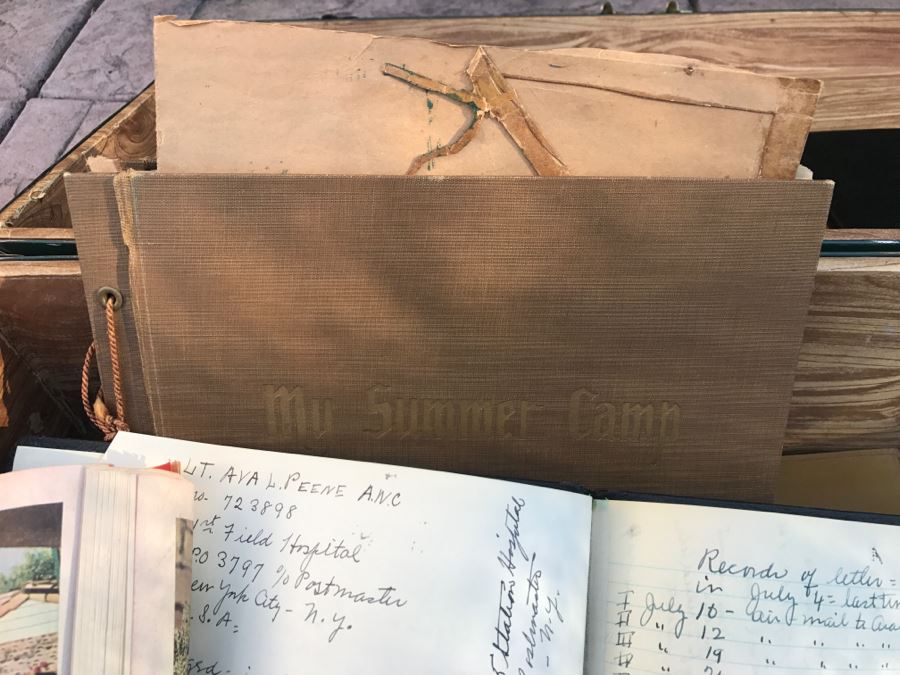 JUST ADDED - Vintage Green Trunk Filled With Various Items Including Log Book Of Every Letter Written By Father To Daughter Serving As Army Nurse In WWII, Coins, Wallet, Diplomas, Vintage 1940s Newsweek And TIME Magazines And More - See All Photos [Photo 9]