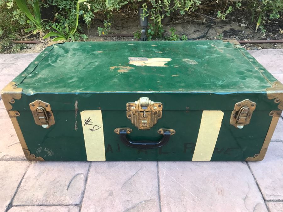 JUST ADDED - Vintage Green Trunk Filled With Various Items Including Log Book Of Every Letter Written By Father To Daughter Serving As Army Nurse In WWII, Coins, Wallet, Diplomas, Vintage 1940s Newsweek And TIME Magazines And More - See All Photos [Photo 2]