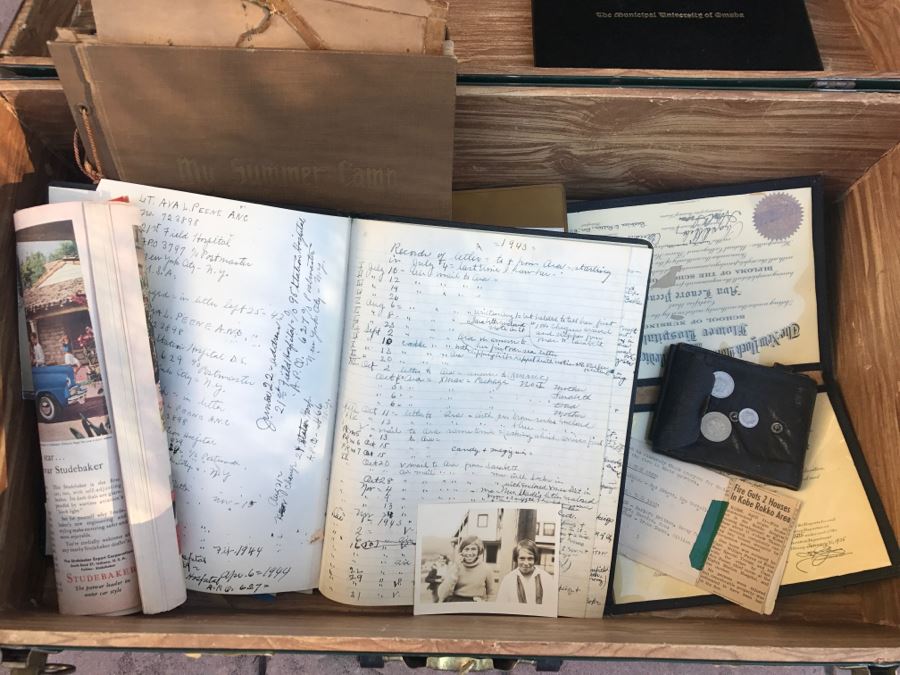 JUST ADDED - Vintage Green Trunk Filled With Various Items Including Log Book Of Every Letter Written By Father To Daughter Serving As Army Nurse In WWII, Coins, Wallet, Diplomas, Vintage 1940s Newsweek And TIME Magazines And More - See All Photos [Photo 3]