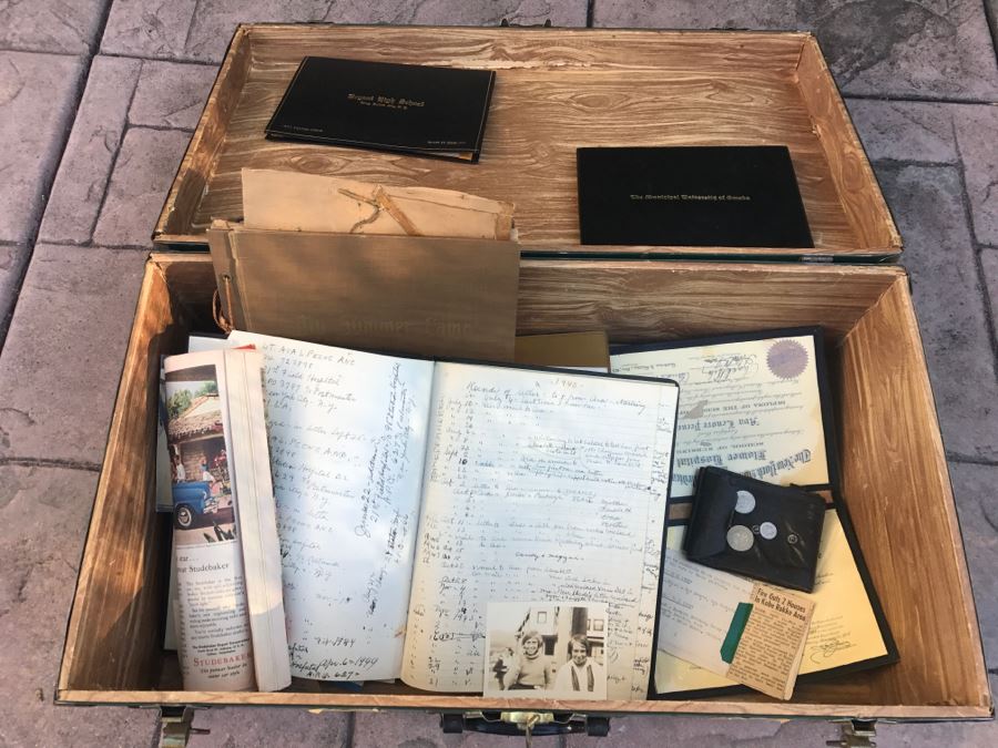 JUST ADDED - Vintage Green Trunk Filled With Various Items Including Log Book Of Every Letter Written By Father To Daughter Serving As Army Nurse In WWII, Coins, Wallet, Diplomas, Vintage 1940s Newsweek And TIME Magazines And More - See All Photos