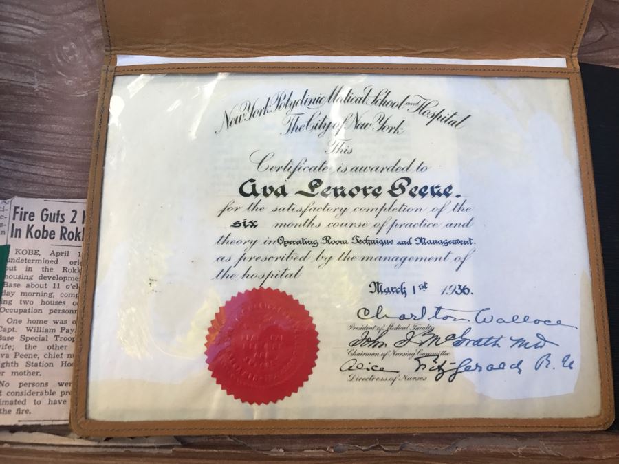 JUST ADDED - Vintage Green Trunk Filled With Various Items Including Log Book Of Every Letter Written By Father To Daughter Serving As Army Nurse In WWII, Coins, Wallet, Diplomas, Vintage 1940s Newsweek And TIME Magazines And More - See All Photos [Photo 38]