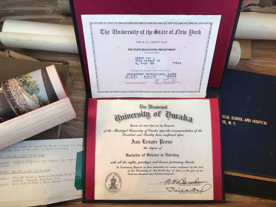 JUST ADDED - Vintage Green Trunk Filled With Various Items Including Log Book Of Every Letter Written By Father To Daughter Serving As Army Nurse In WWII, Coins, Wallet, Diplomas, Vintage 1940s Newsweek And TIME Magazines And More - See All Photos [Photo 35]