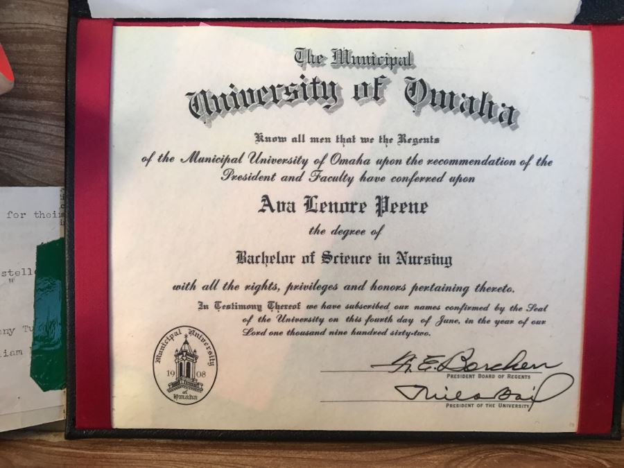 JUST ADDED - Vintage Green Trunk Filled With Various Items Including Log Book Of Every Letter Written By Father To Daughter Serving As Army Nurse In WWII, Coins, Wallet, Diplomas, Vintage 1940s Newsweek And TIME Magazines And More - See All Photos [Photo 36]