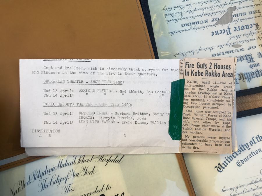 JUST ADDED - Vintage Green Trunk Filled With Various Items Including Log Book Of Every Letter Written By Father To Daughter Serving As Army Nurse In WWII, Coins, Wallet, Diplomas, Vintage 1940s Newsweek And TIME Magazines And More - See All Photos [Photo 29]