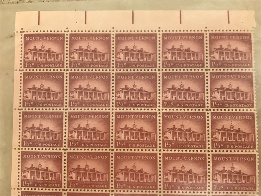 JUST ADDED - Various Stamps Including Sheet Of (50) Mint Vintage 1956 Mount Vernon 1 1/2 Cent Stamp [Photo 2]
