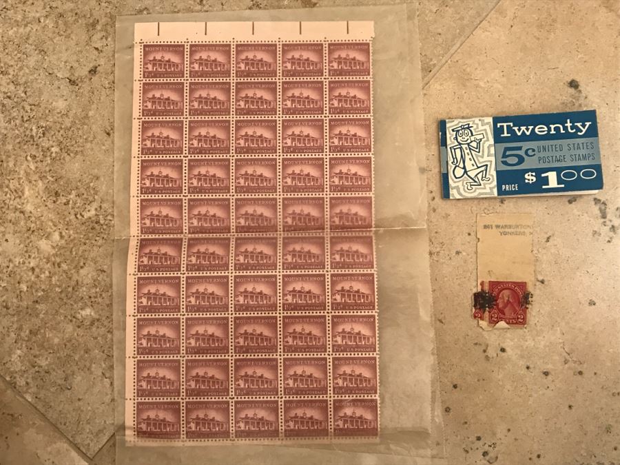 JUST ADDED - Various Stamps Including Sheet Of (50) Mint Vintage 1956 Mount Vernon 1 1/2 Cent Stamp [Photo 1]