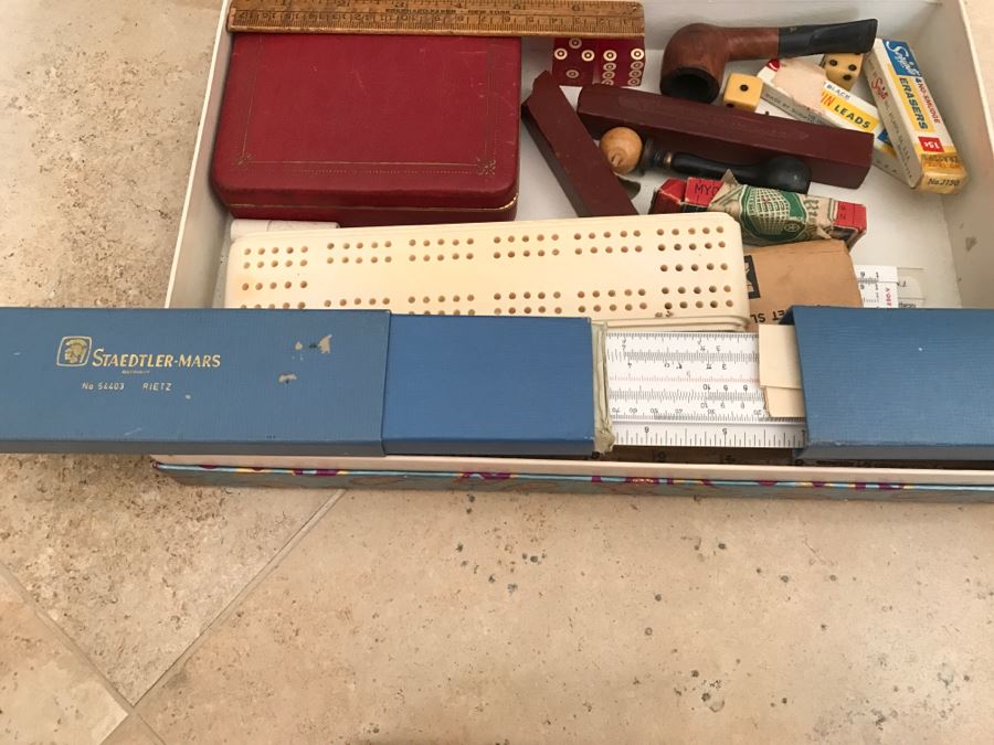 JUST ADDED - Vintage Box Filled With Various Games, Playing Cards, Pipe, Mini Spy Camera Film, Staedtler-Mars Slide Rule Germany No 54403 And More [Photo 7]