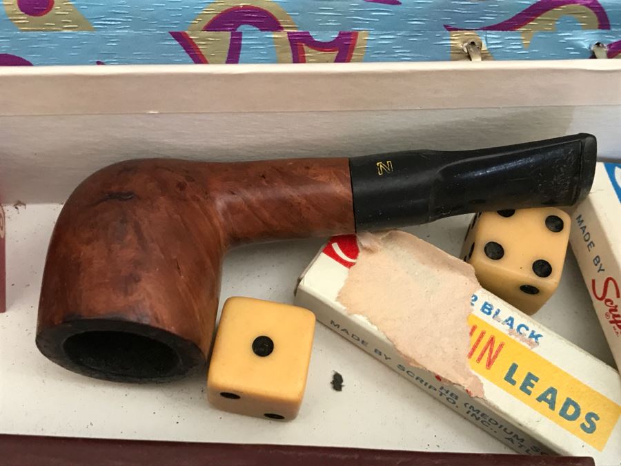 JUST ADDED - Vintage Box Filled With Various Games, Playing Cards, Pipe, Mini Spy Camera Film, Staedtler-Mars Slide Rule Germany No 54403 And More [Photo 18]