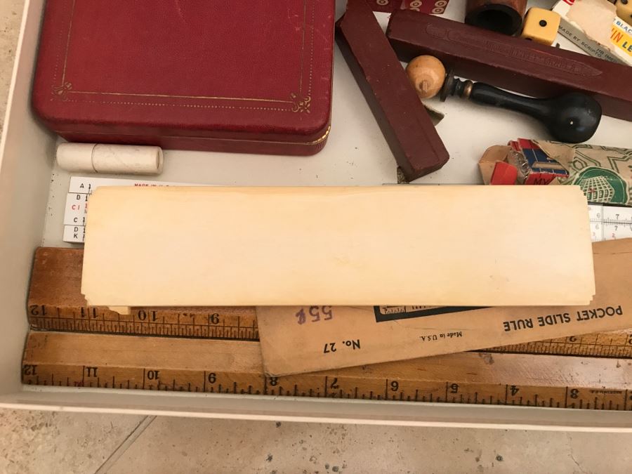 JUST ADDED - Vintage Box Filled With Various Games, Playing Cards, Pipe, Mini Spy Camera Film, Staedtler-Mars Slide Rule Germany No 54403 And More [Photo 13]