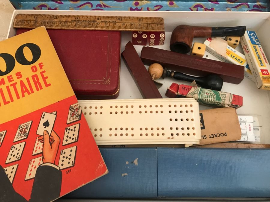 JUST ADDED - Vintage Box Filled With Various Games, Playing Cards, Pipe, Mini Spy Camera Film, Staedtler-Mars Slide Rule Germany No 54403 And More [Photo 2]