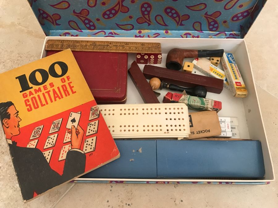 JUST ADDED - Vintage Box Filled With Various Games, Playing Cards, Pipe, Mini Spy Camera Film, Staedtler-Mars Slide Rule Germany No 54403 And More [Photo 1]