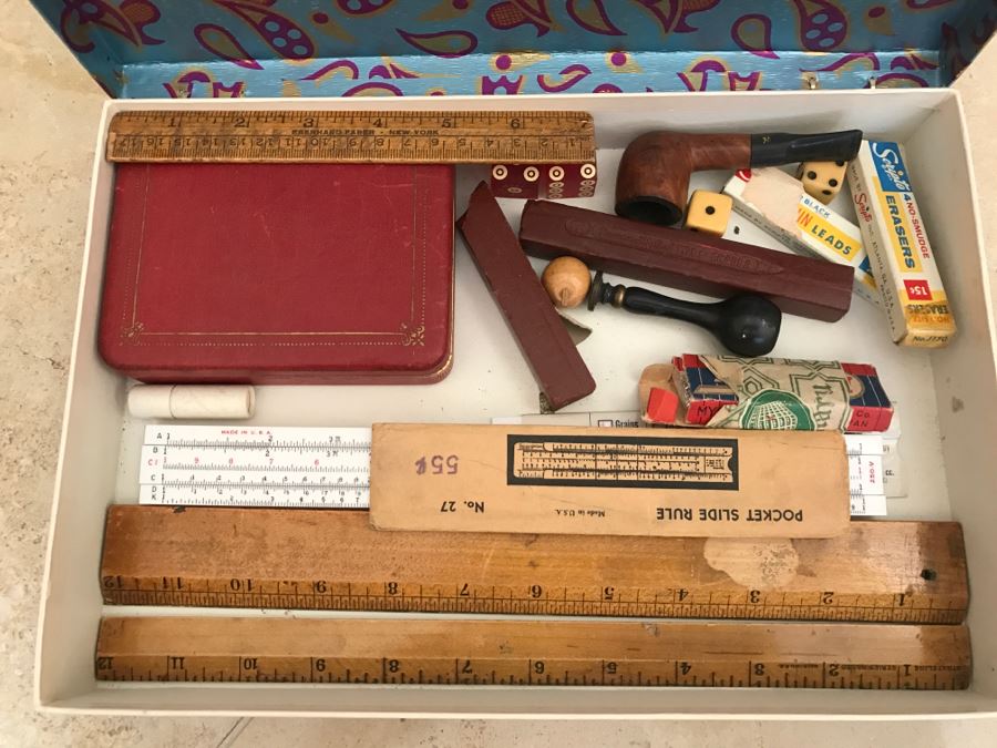 JUST ADDED - Vintage Box Filled With Various Games, Playing Cards, Pipe, Mini Spy Camera Film, Staedtler-Mars Slide Rule Germany No 54403 And More [Photo 14]