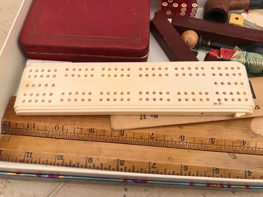 JUST ADDED - Vintage Box Filled With Various Games, Playing Cards, Pipe, Mini Spy Camera Film, Staedtler-Mars Slide Rule Germany No 54403 And More [Photo 8]