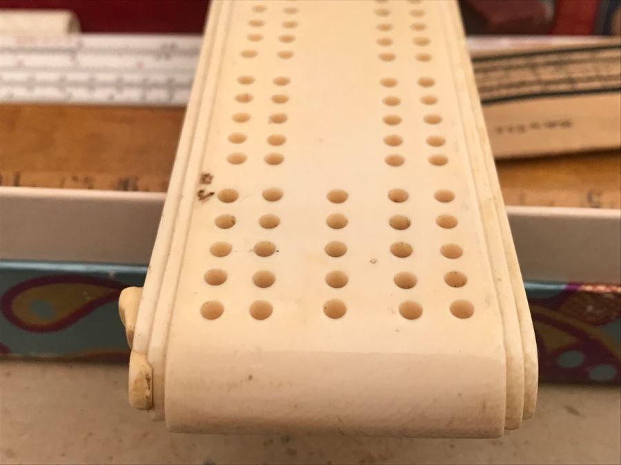 JUST ADDED - Vintage Box Filled With Various Games, Playing Cards, Pipe, Mini Spy Camera Film, Staedtler-Mars Slide Rule Germany No 54403 And More [Photo 11]