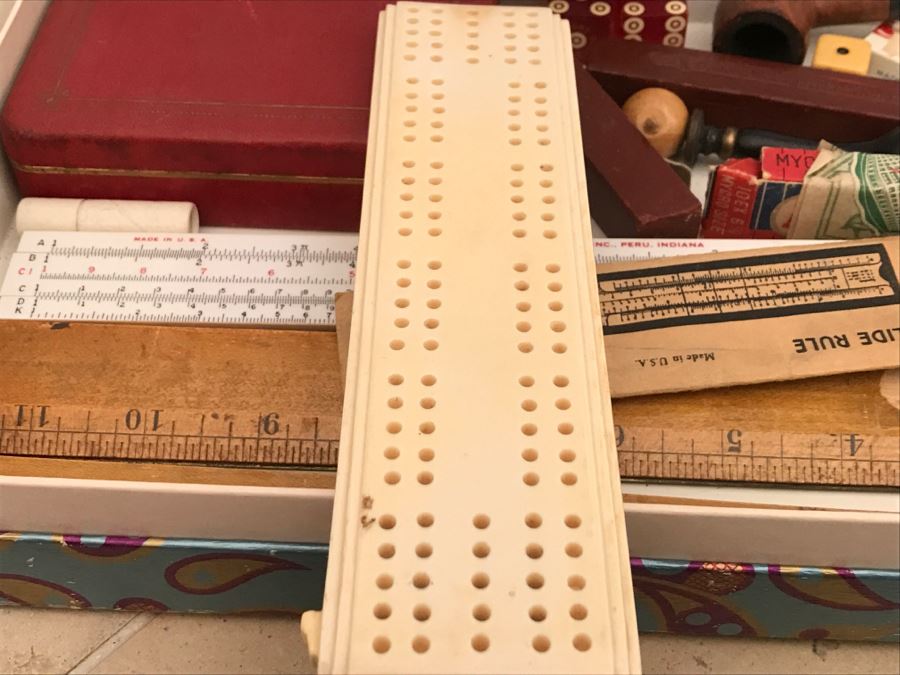 JUST ADDED - Vintage Box Filled With Various Games, Playing Cards, Pipe, Mini Spy Camera Film, Staedtler-Mars Slide Rule Germany No 54403 And More [Photo 12]