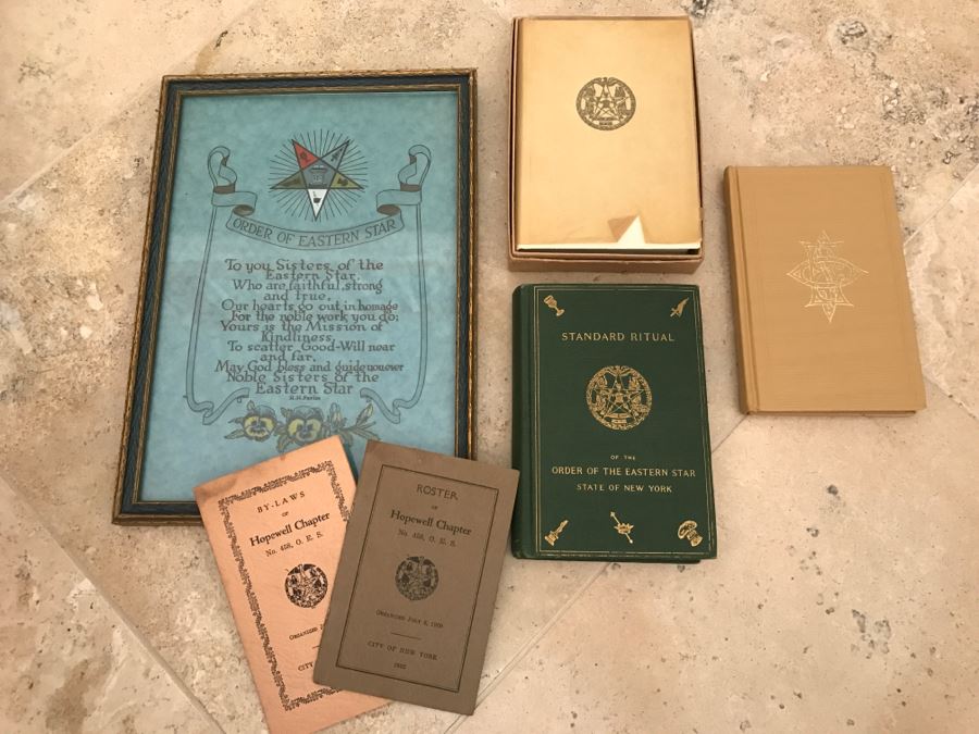 JUST ADDED - Order Of Eastern Star Chapter Books From 1930s, Order Of Eastern Star Books From 1916-1956 And Framed Certificate