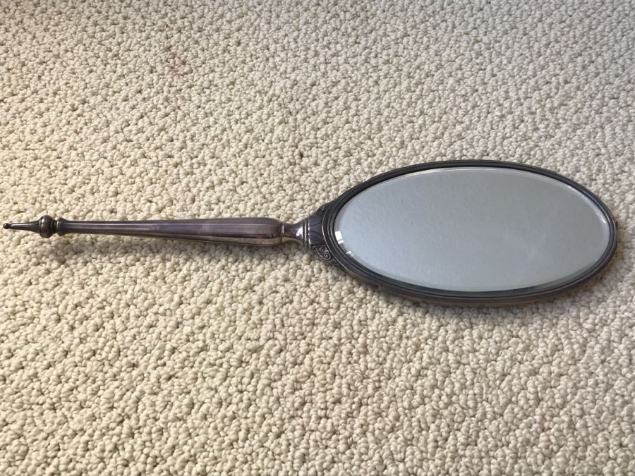 JUST ADDED - Vintage Sterling Silver Hand Vanity Beveled Glass Mirror [Photo 1]