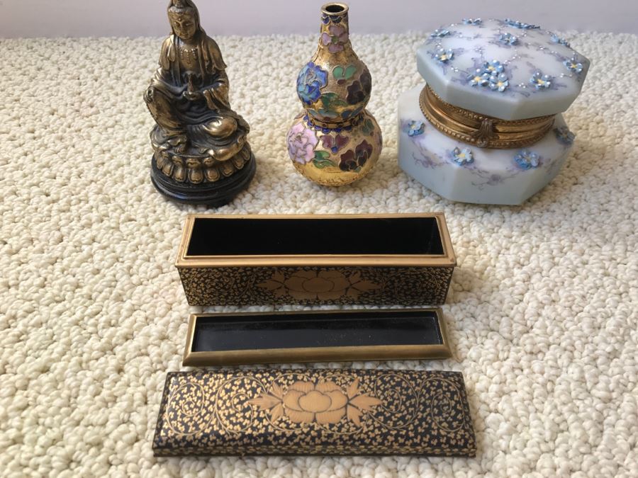 JUST ADDED - Various Items Including Brass Indian Sculpture With Stand, Cloisonne Vase, Japanese Trinket Box And Lacquer Box [Photo 3]
