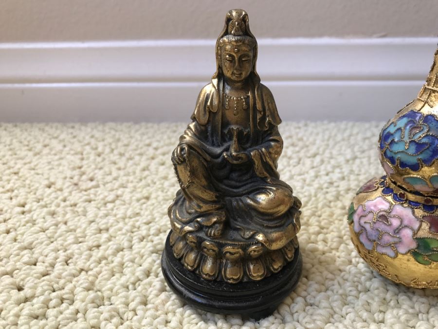 JUST ADDED - Various Items Including Brass Indian Sculpture With Stand, Cloisonne Vase, Japanese Trinket Box And Lacquer Box [Photo 4]