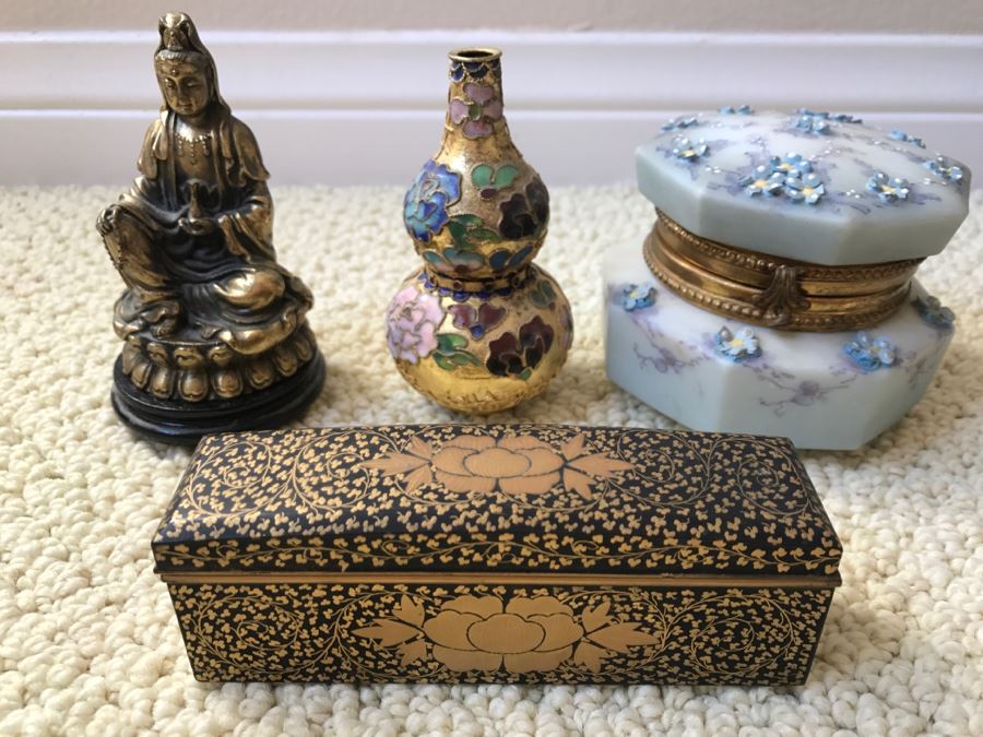 JUST ADDED - Various Items Including Brass Indian Sculpture With Stand, Cloisonne Vase, Japanese Trinket Box And Lacquer Box