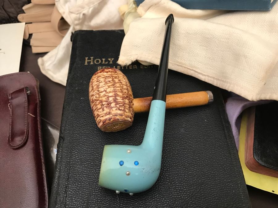 Vintage OSHKOSH Trunks Luggage With Various Items Including Several Pipes, Books And Various Items - See Photos [Photo 15]