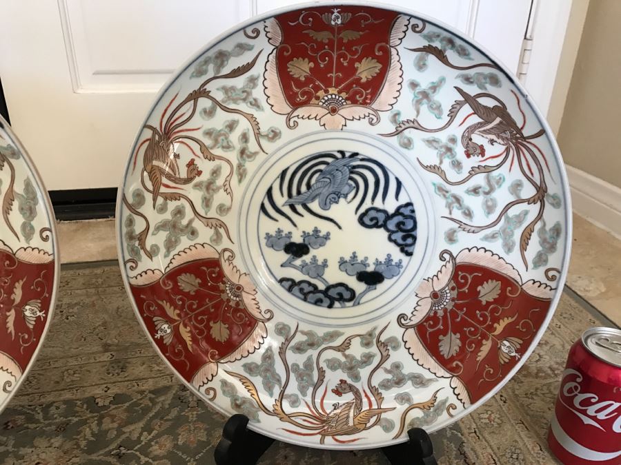 JUST ADDED - Pair Of Large Japanese Imari Porcelain Charger Plates Signed With Stands [Photo 2]