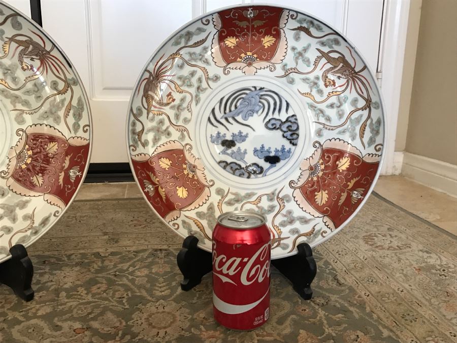 JUST ADDED - Pair Of Large Japanese Imari Porcelain Charger Plates Signed With Stands [Photo 13]