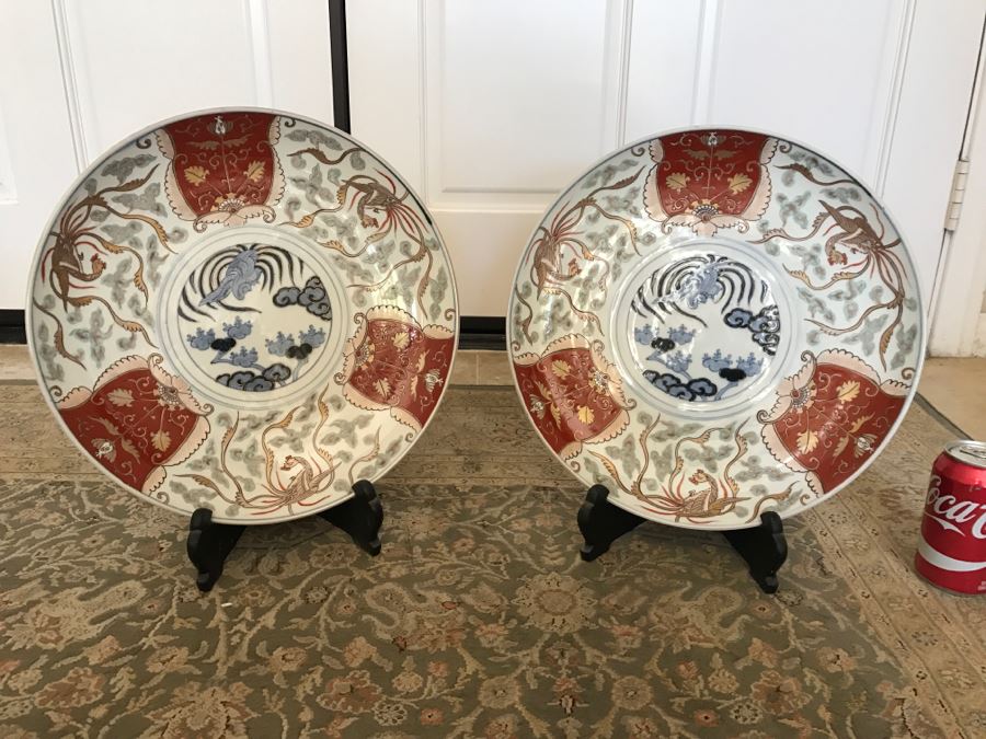 JUST ADDED - Pair Of Large Japanese Imari Porcelain Charger Plates Signed With Stands