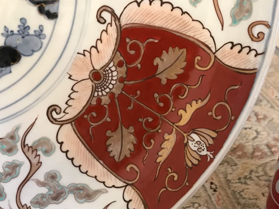 JUST ADDED - Pair Of Large Japanese Imari Porcelain Charger Plates Signed With Stands [Photo 6]