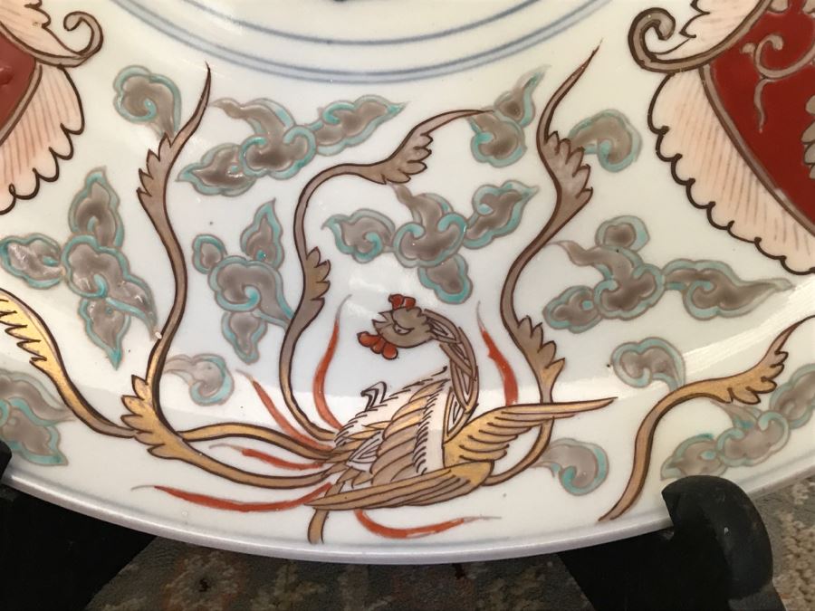 JUST ADDED - Pair Of Large Japanese Imari Porcelain Charger Plates Signed With Stands [Photo 7]