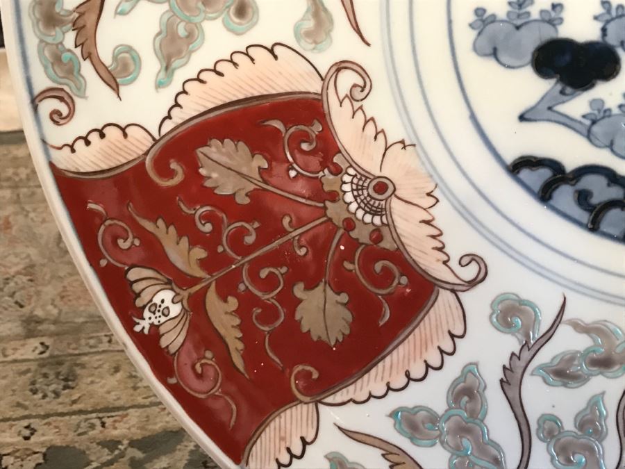 JUST ADDED - Pair Of Large Japanese Imari Porcelain Charger Plates Signed With Stands [Photo 9]