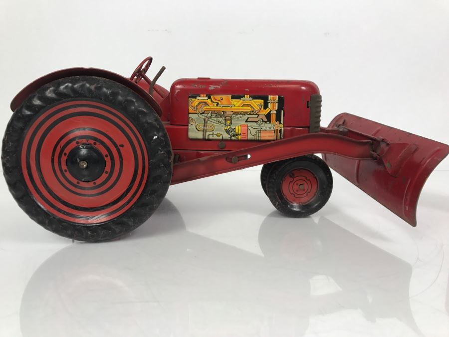 Vintage 1950's Marx Toys Tin Litho Tractor Farm Equipment Toy With Front Plow