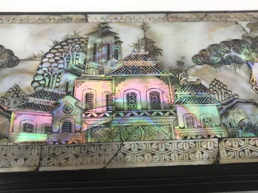 Stunning Asian Wooden Box With Detailed Mother Of Pearl Inlay On 5 Sides Of Box [Photo 12]