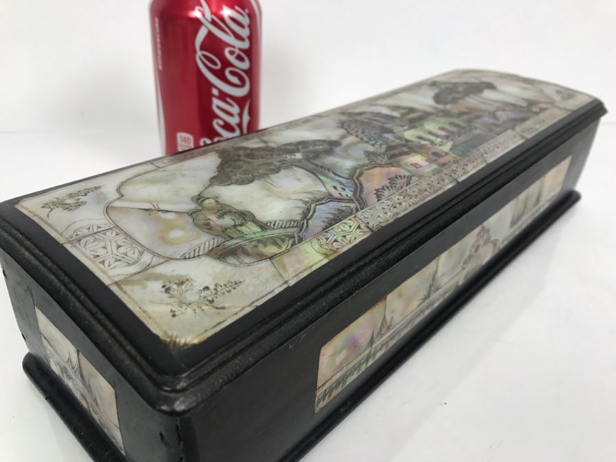 Stunning Asian Wooden Box With Detailed Mother Of Pearl Inlay On 5 Sides Of Box [Photo 4]