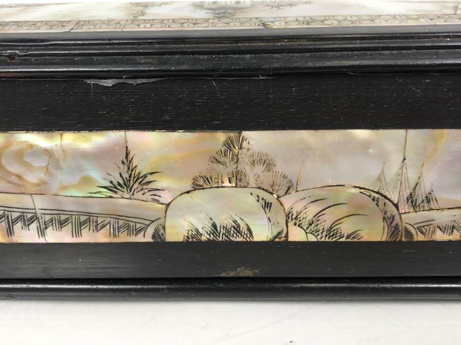Stunning Asian Wooden Box With Detailed Mother Of Pearl Inlay On 5 Sides Of Box [Photo 21]