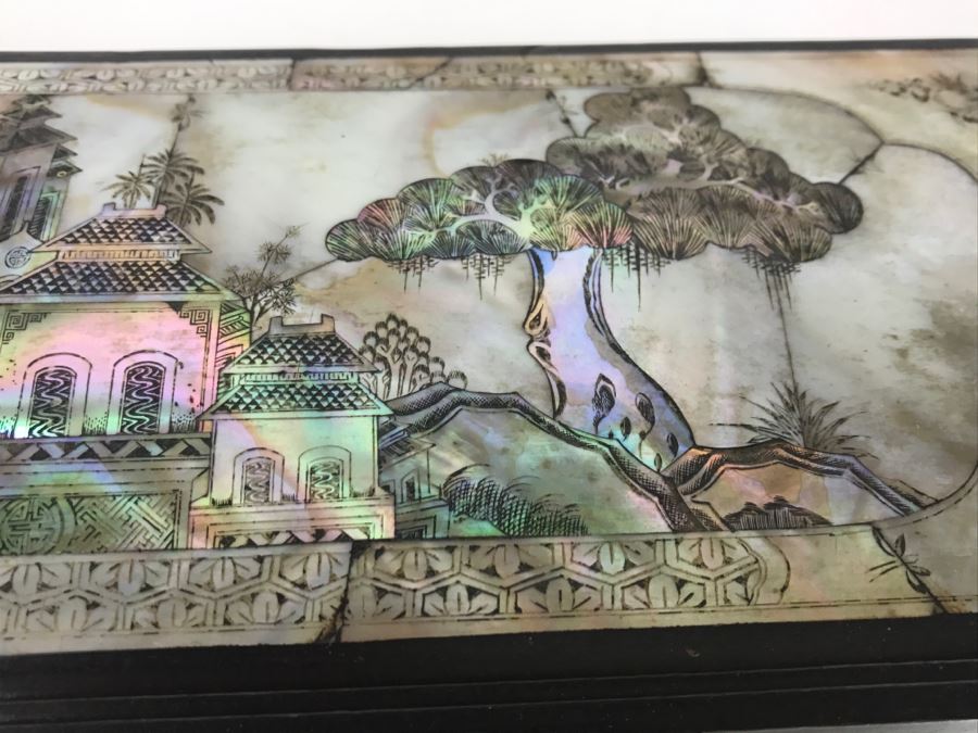 Stunning Asian Wooden Box With Detailed Mother Of Pearl Inlay On 5 Sides Of Box [Photo 13]