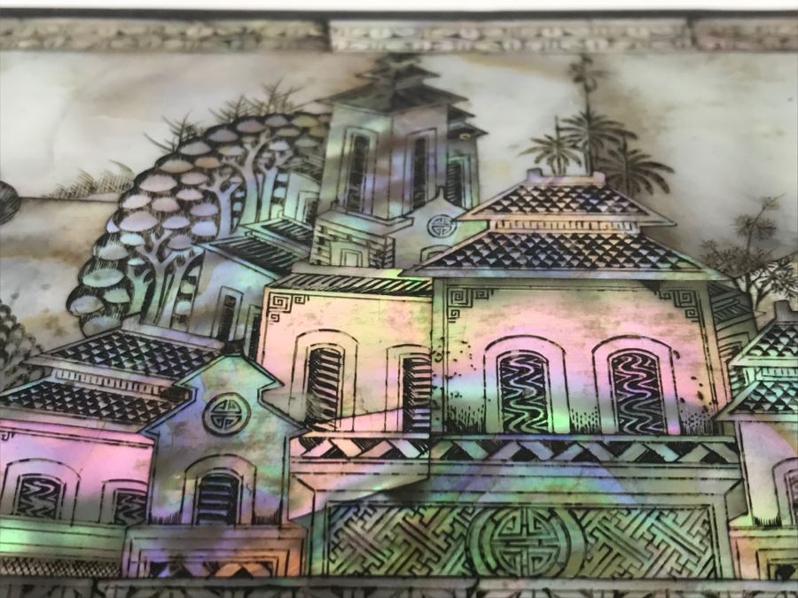 Stunning Asian Wooden Box With Detailed Mother Of Pearl Inlay On 5 Sides Of Box [Photo 35]