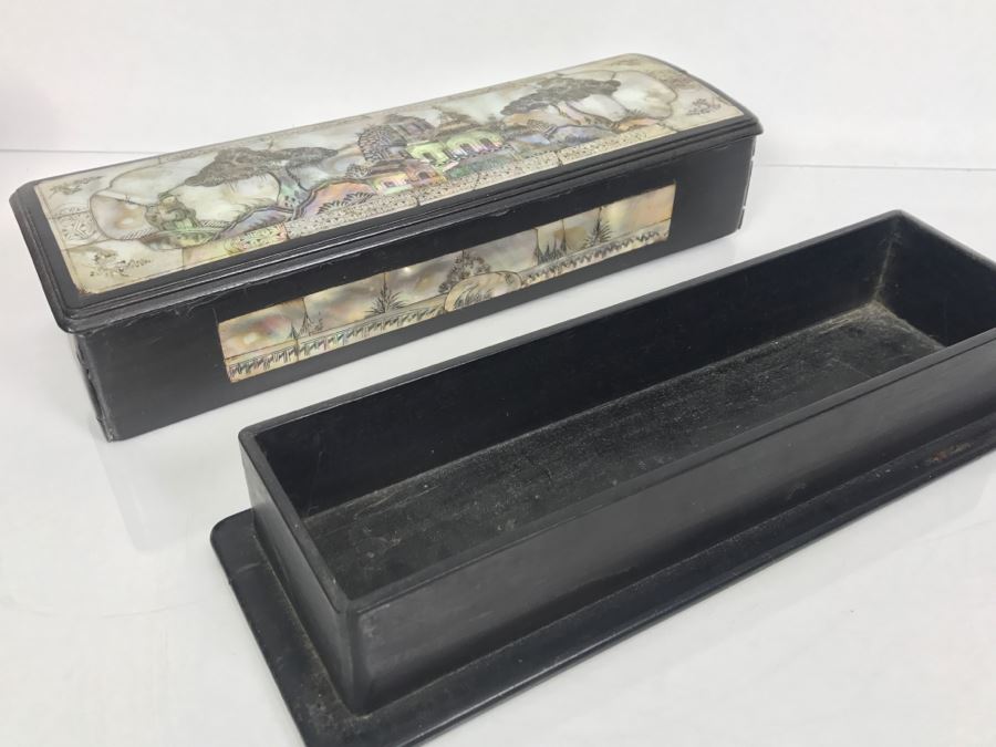 Stunning Asian Wooden Box With Detailed Mother Of Pearl Inlay On 5 Sides Of Box [Photo 31]