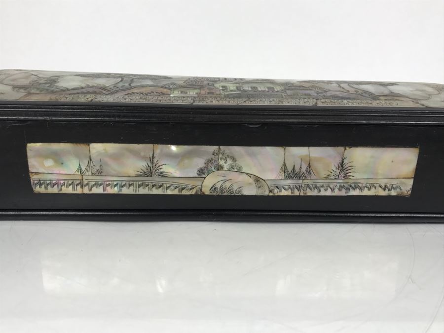 Stunning Asian Wooden Box With Detailed Mother Of Pearl Inlay On 5 Sides Of Box [Photo 15]