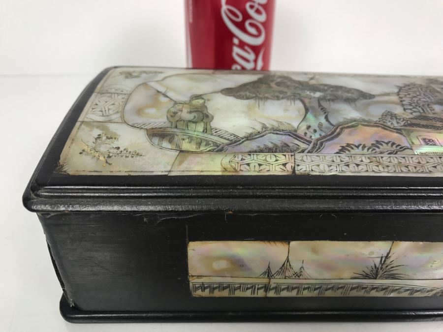 Stunning Asian Wooden Box With Detailed Mother Of Pearl Inlay On 5 Sides Of Box [Photo 5]