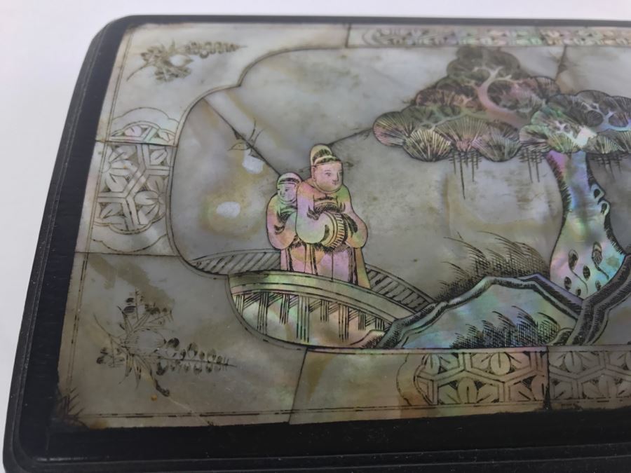 Stunning Asian Wooden Box With Detailed Mother Of Pearl Inlay On 5 Sides Of Box [Photo 6]